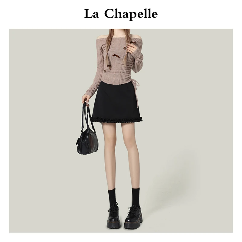 拉夏贝尔美式黑色花边梨形半身裙女春季新款高腰A字包臀西装短裙