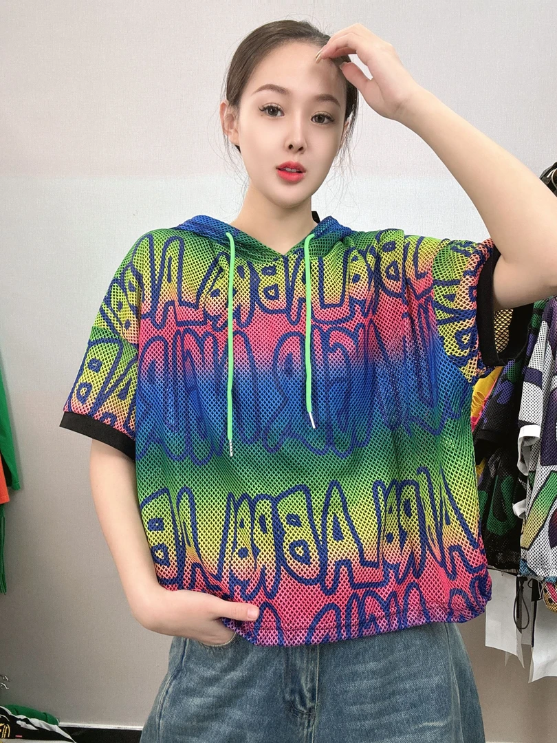 030欧货夏季新款时尚气质潮流洋气花网印花连帽防晒半袖女士T恤