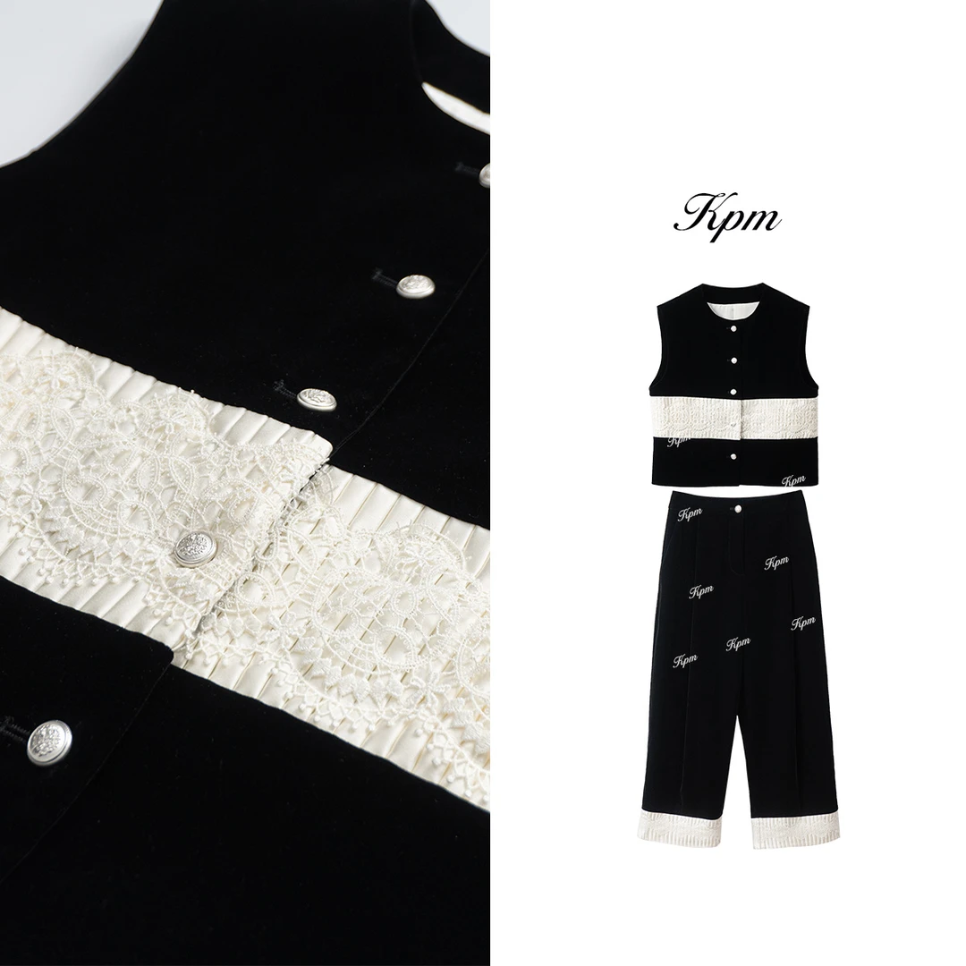 2025早秋设计感撞色蕾丝拼接马甲+百搭显瘦休闲裤套装女JN8466