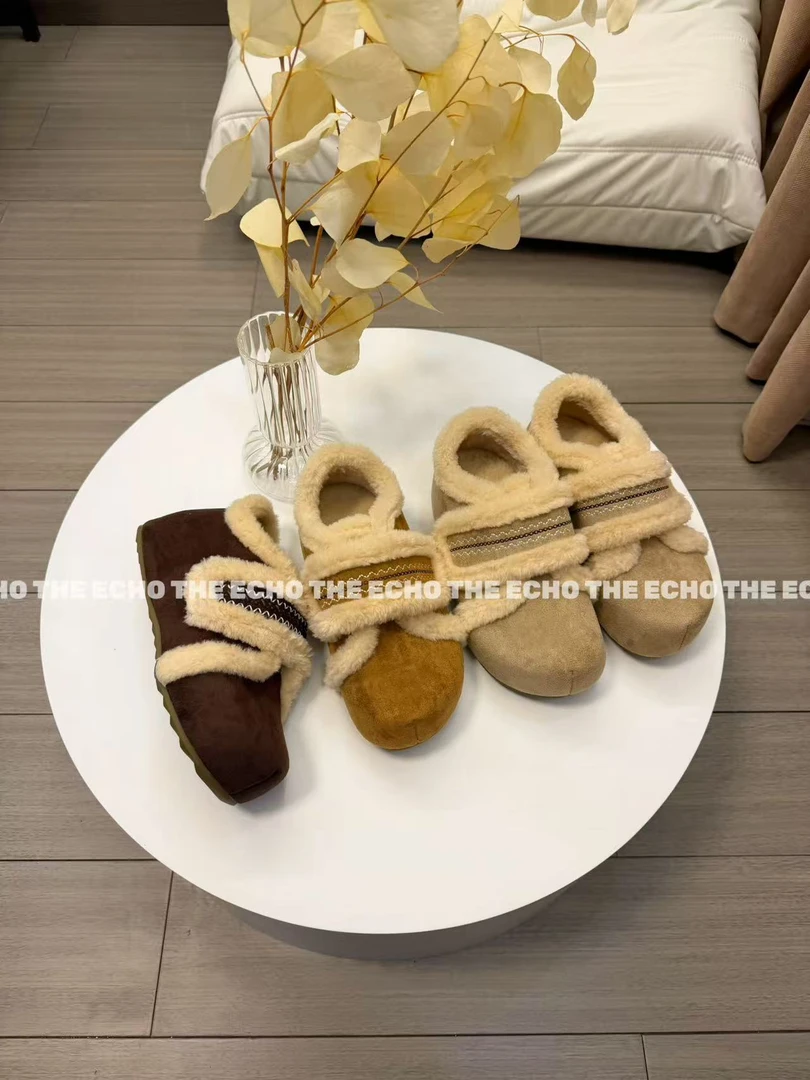 正版品质毛绒绒全包魔术贴刺绣勃肯厚底增高加绒保暖毛毛棉鞋女冬