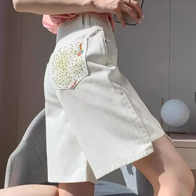 白色刺绣五分牛仔短裤女夏季薄款高腰显瘦a字中裤开叉阔腿5分裤子