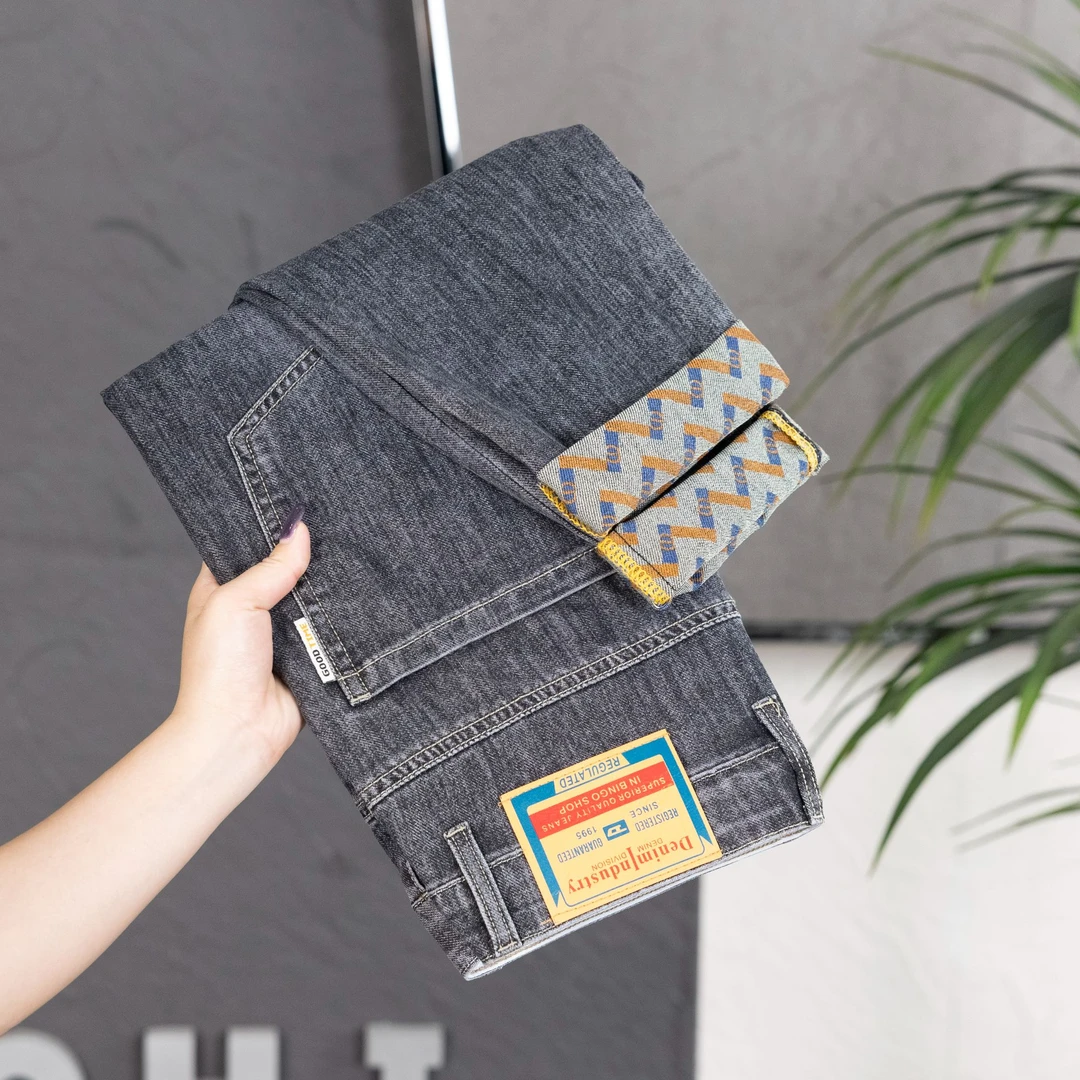 2025夏薄款长裤印花小直筒牛仔裤百搭宽松弹力裤子男士水洗牛仔裤