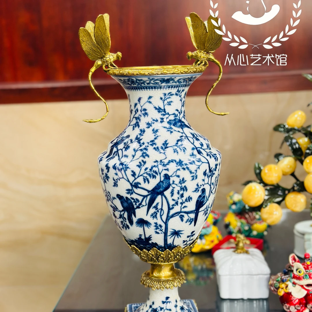 【从心馆】欧式复古青花瓷器配铜轻奢花瓶客厅玄关装饰22x18x50.5