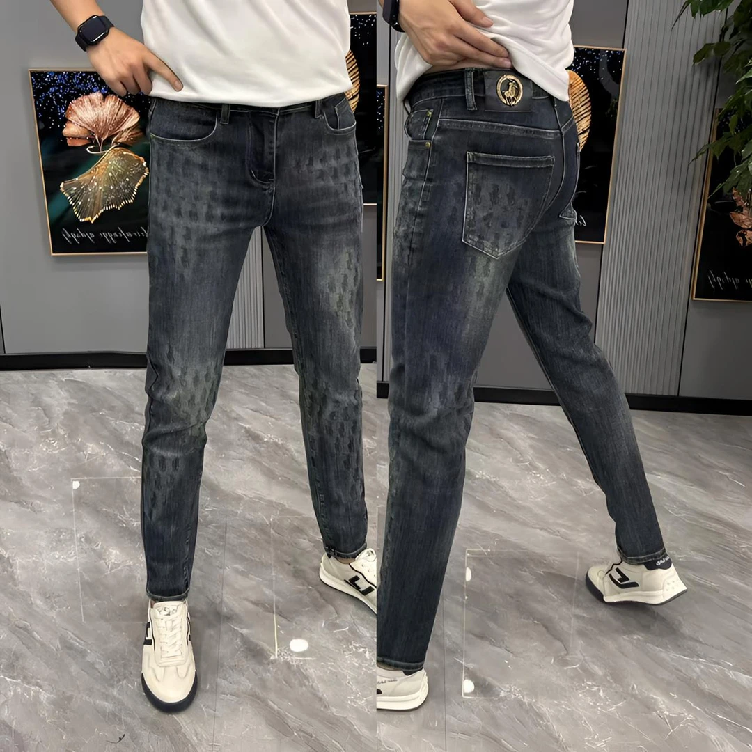 男裤时尚男士牛仔裤潮流印花修身显瘦小脚裤男高品质个性长裤美式