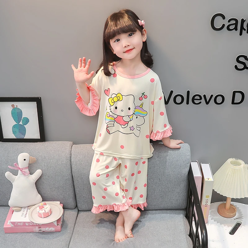 女童睡衣夏季薄款七分袖儿童宝宝空调服夏天莫代尔女孩家居服套装