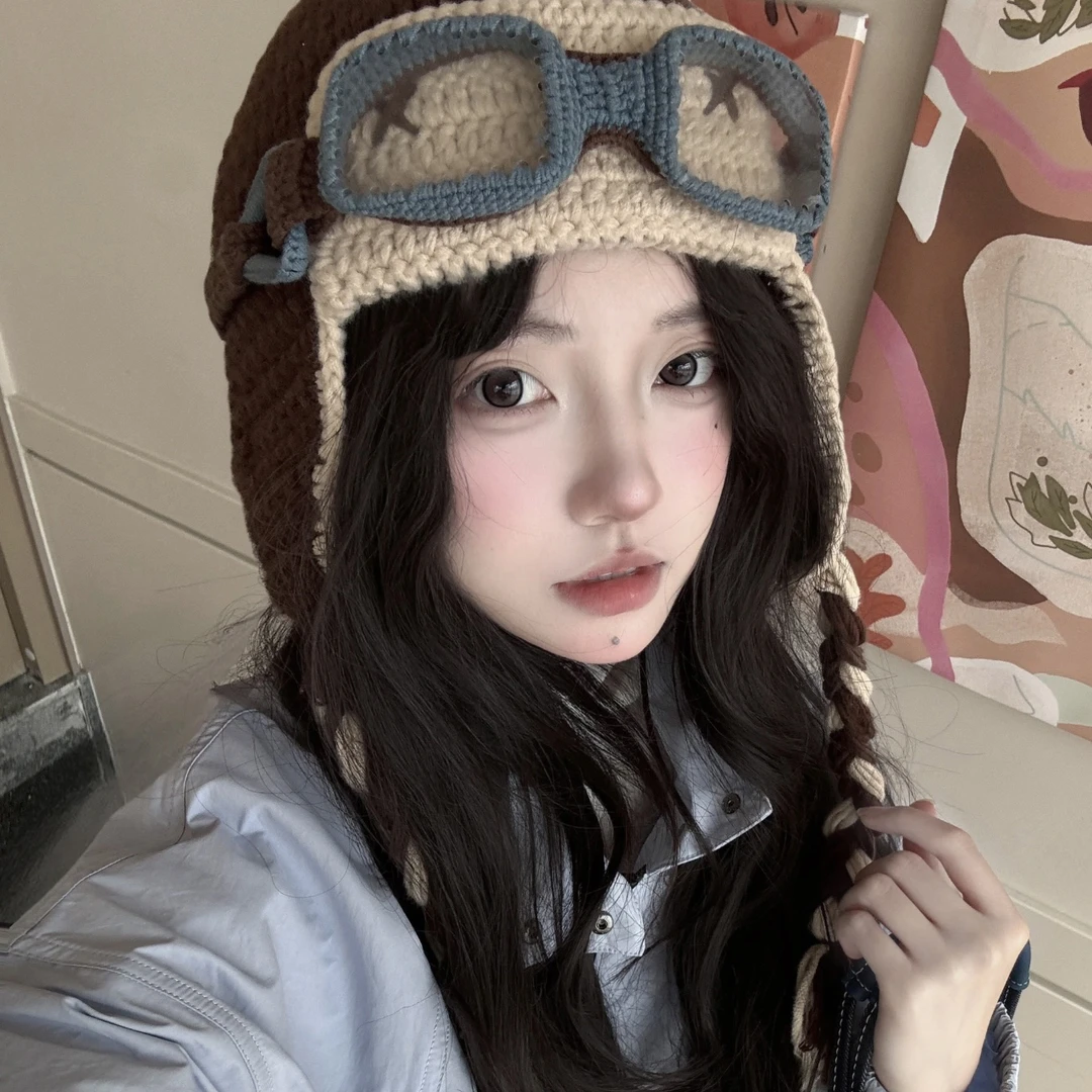 檀健次同款可爱潮流飞行员针织帽子女秋冬保暖百搭护耳毛线帽冷帽
