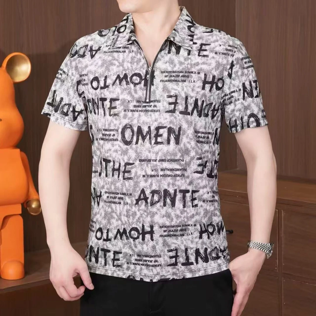 2025夏季男士冰丝POLO衬衫衬衣时尚休闲薄款印花帅气拉链翻领百搭