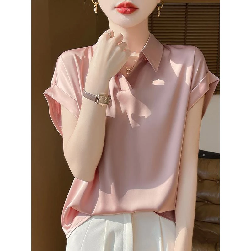 气质轻奢衬衫领短袖t恤女宽松薄款缎面POLO打底衫25夏季百搭上衣