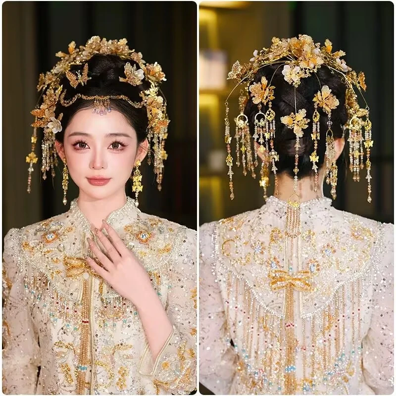 新娘中式金色水晶后区减龄蝴蝶额饰古装秀禾龙凤褂头饰20250102