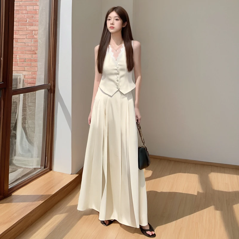 法式时尚气质简约蕾丝V领单排扣西装上衣中长款百褶半身裙两件套