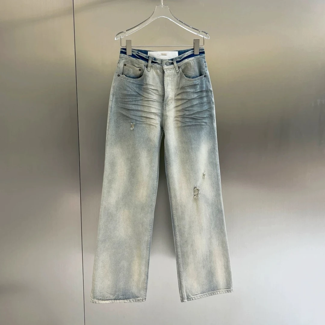 25新款时髦重工小众脏染猫须做旧破洞牛仔裤直筒复古高街