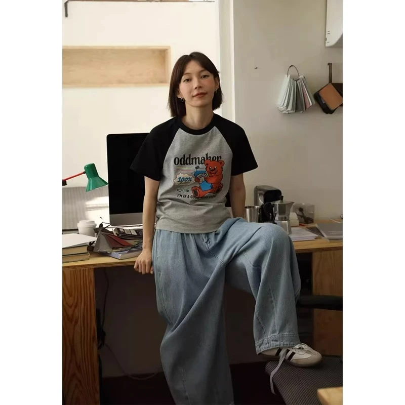 芊芊芙美式复古灰色插肩袖正肩短袖t恤女夏季2025新款半袖上衣潮