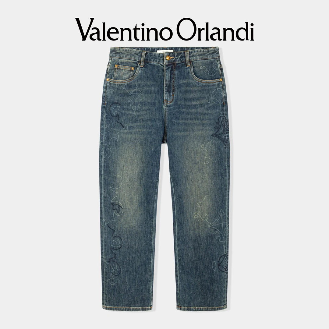 Valentino orlandi男士春秋C版时尚百搭复古刺绣花卉直筒牛仔裤