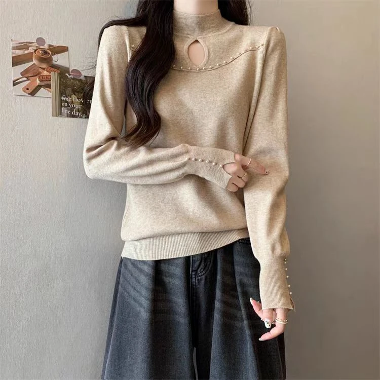 MY297法式气质高领镂空珍珠灯笼袖女秋冬显瘦百搭洋气毛针织衫