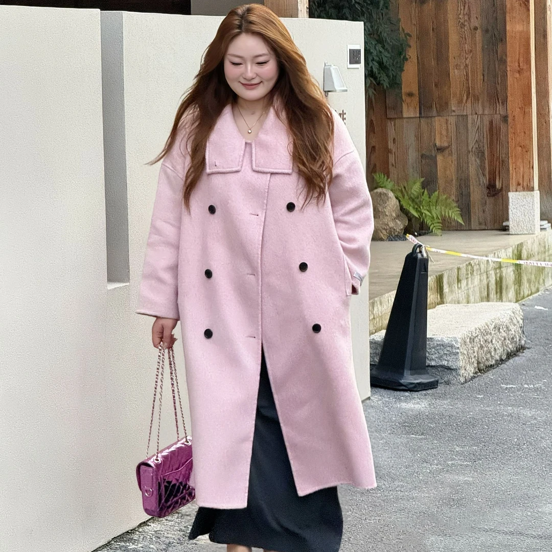 2025新款韩版翻领灰粉双面呢大衣女中长款宽松显瘦毛呢外套