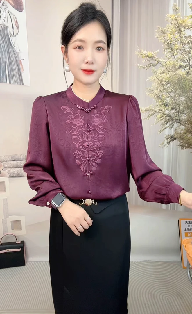 刺绣成人长袖秋季女装提花衬衫港风新中式法式蓝色大码YBB2551