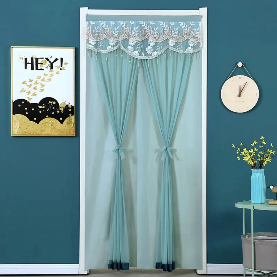 防蚊蝇免打孔门帘家用卧室双层隐私隔断纱帘蕾丝挂帘魔术贴伸缩杆