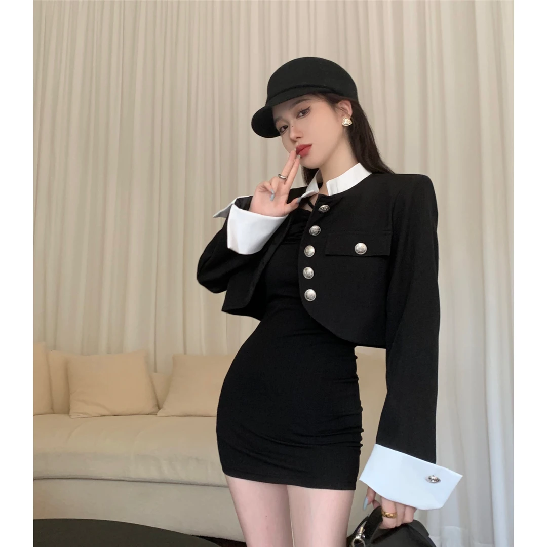 撞色短款小香风西装外套设计感内搭吊带裙2025秋季新款两件套女潮