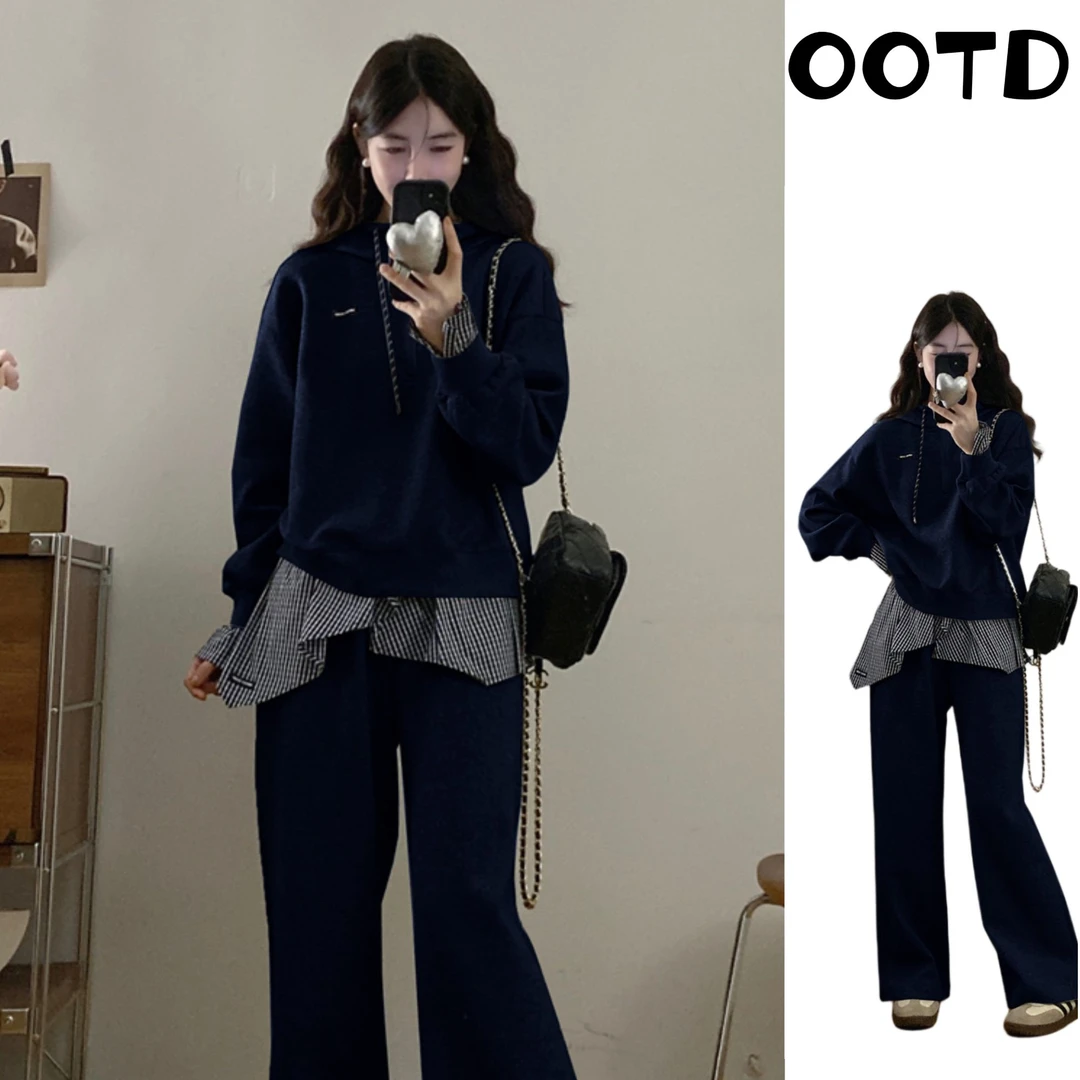 大码女装韩系巨好看的早秋一整套胖mm假两件连帽卫衣+阔腿休闲裤