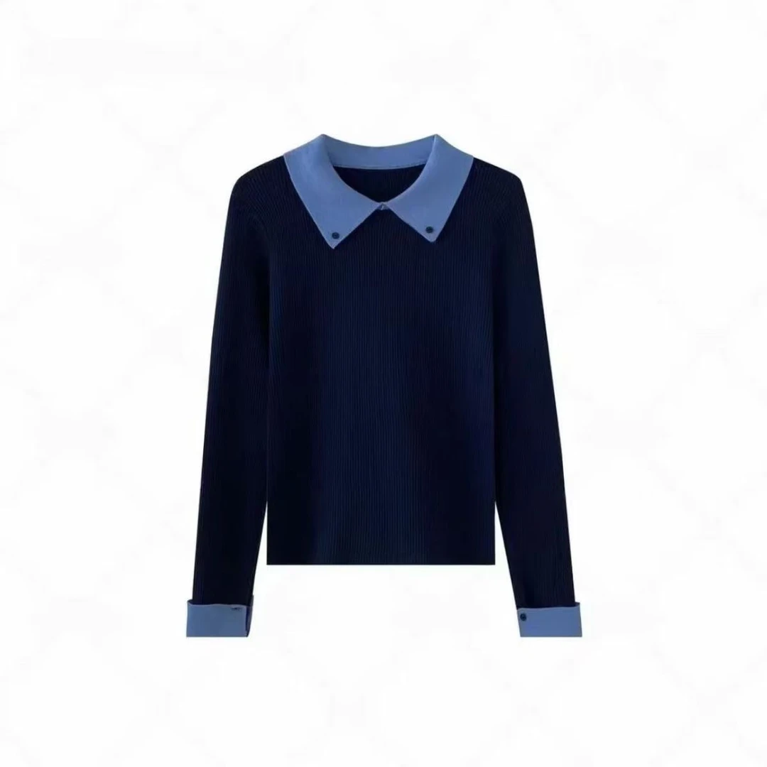 法式拼接气质Polo领针织衫内搭女秋冬新款百搭显瘦长袖上衣女