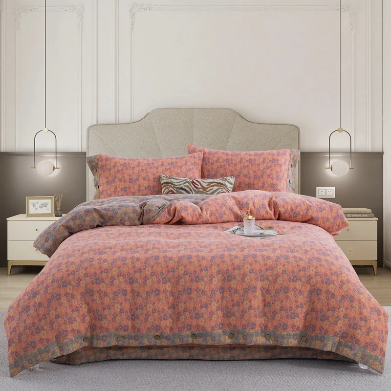 良品绘2025【清新之歌-粉三层纱】高端纽扣款A类母婴全棉色织四件套