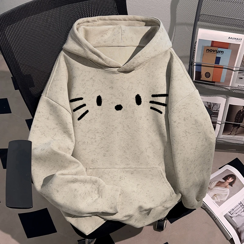 Dekkry潮牌复古卡其色小猫印花秋冬季蜡染连帽卫衣男女款ins上衣