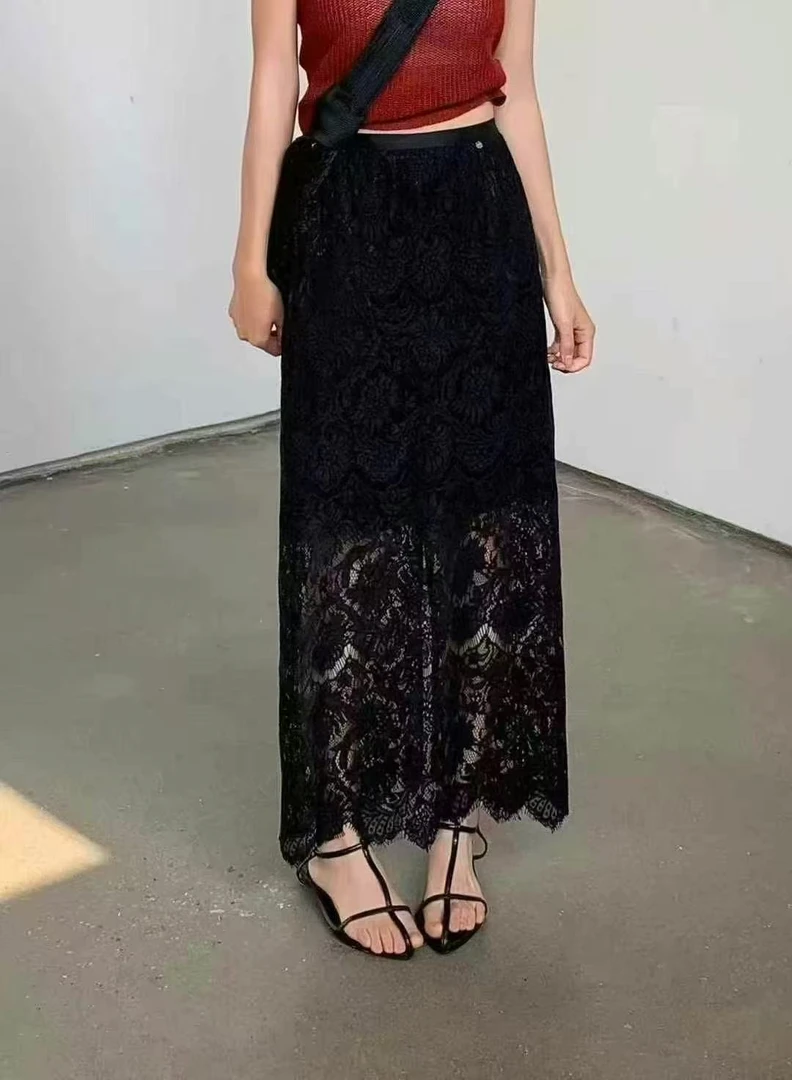 欧洲站2025夏季新款南油欧货时尚蕾丝拼接半身裙女长裙A字裙子ins