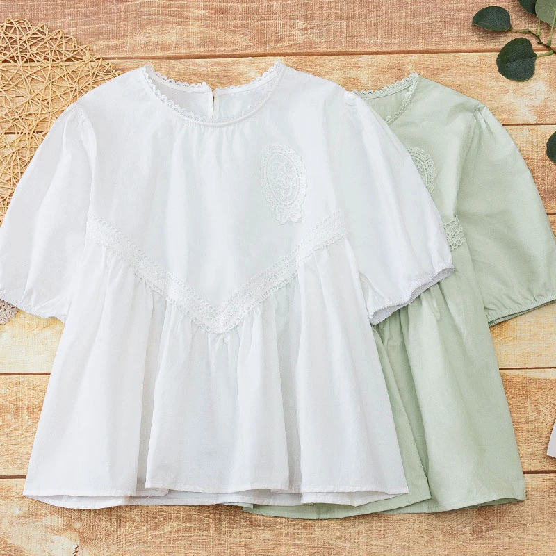 纯棉短袖圆领衬衫女2025夏装小清新宽松蕾丝拼接泡泡袖娃娃衫上衣