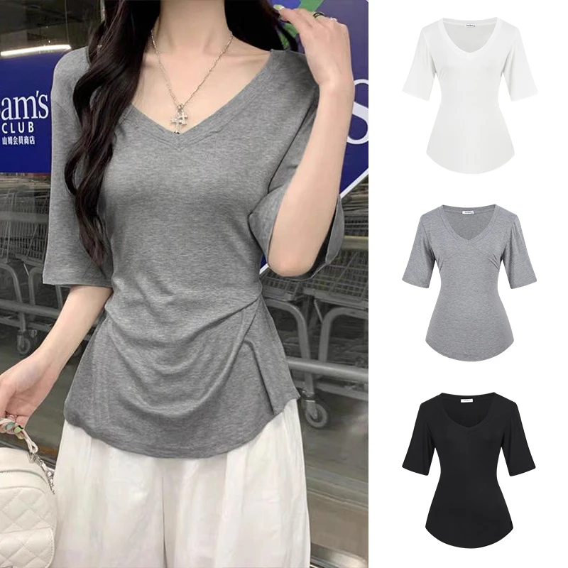 Moses Queen/魔西女王白色v领正肩短袖面膜T恤女收腰显瘦上衣夏季