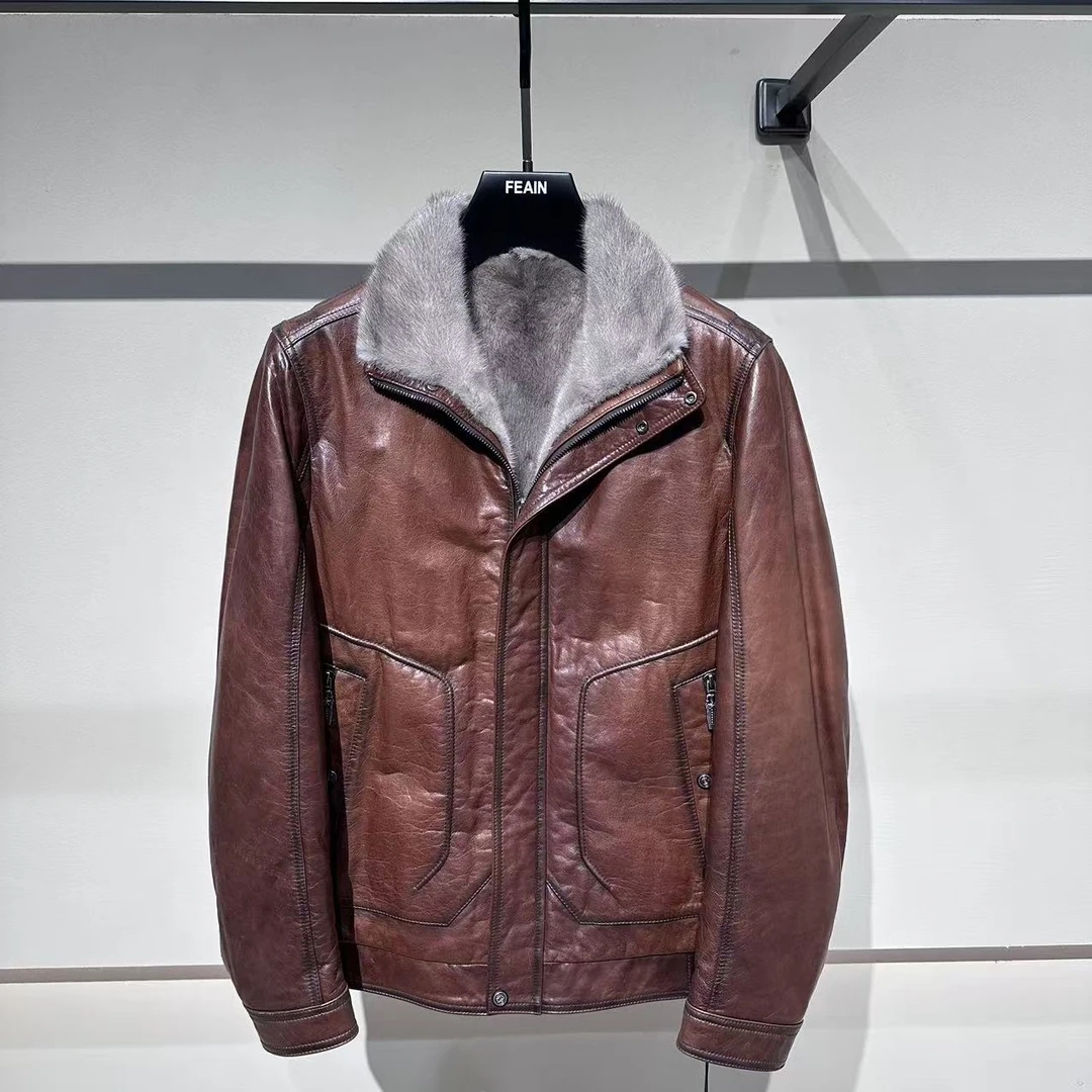 【进口水貂】高端男士高品质个性时尚潮流翻领真皮夹克2322