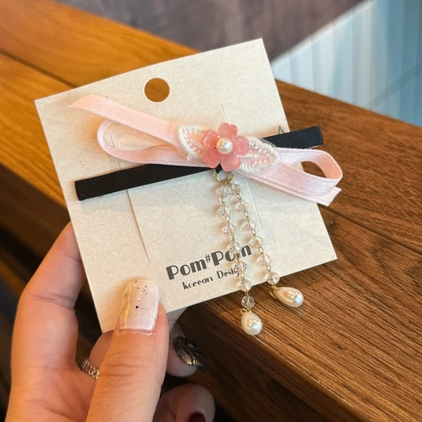 7745黑粉色甜美花朵边夹