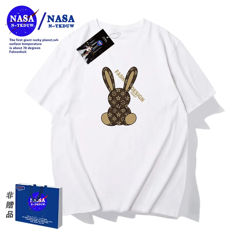 NASA联名款潮牌印花T恤短袖男女同款时尚百搭休闲圆领短袖咖啡兔