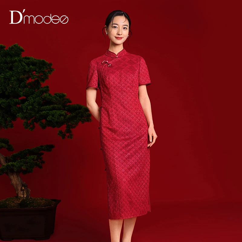 商城同款黛玛诗2025夏季新款新中式红色蕾丝旗袍短袖婚宴连衣裙女