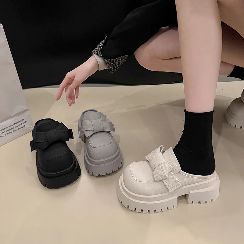 厚底增高外穿包头半拖鞋女2025新款春秋季超火懒人一脚蹬法式半拖