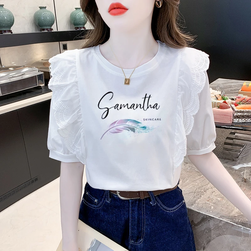 白色甜美荷叶边短袖棉质T恤2025夏新款韩版宽松圆领印花百搭上衣