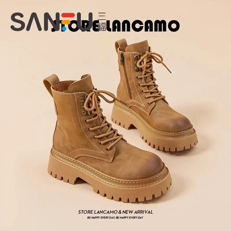 三福马丁靴女2025秋冬新款英伦风软皮爆款加绒短靴子厚底增高机车