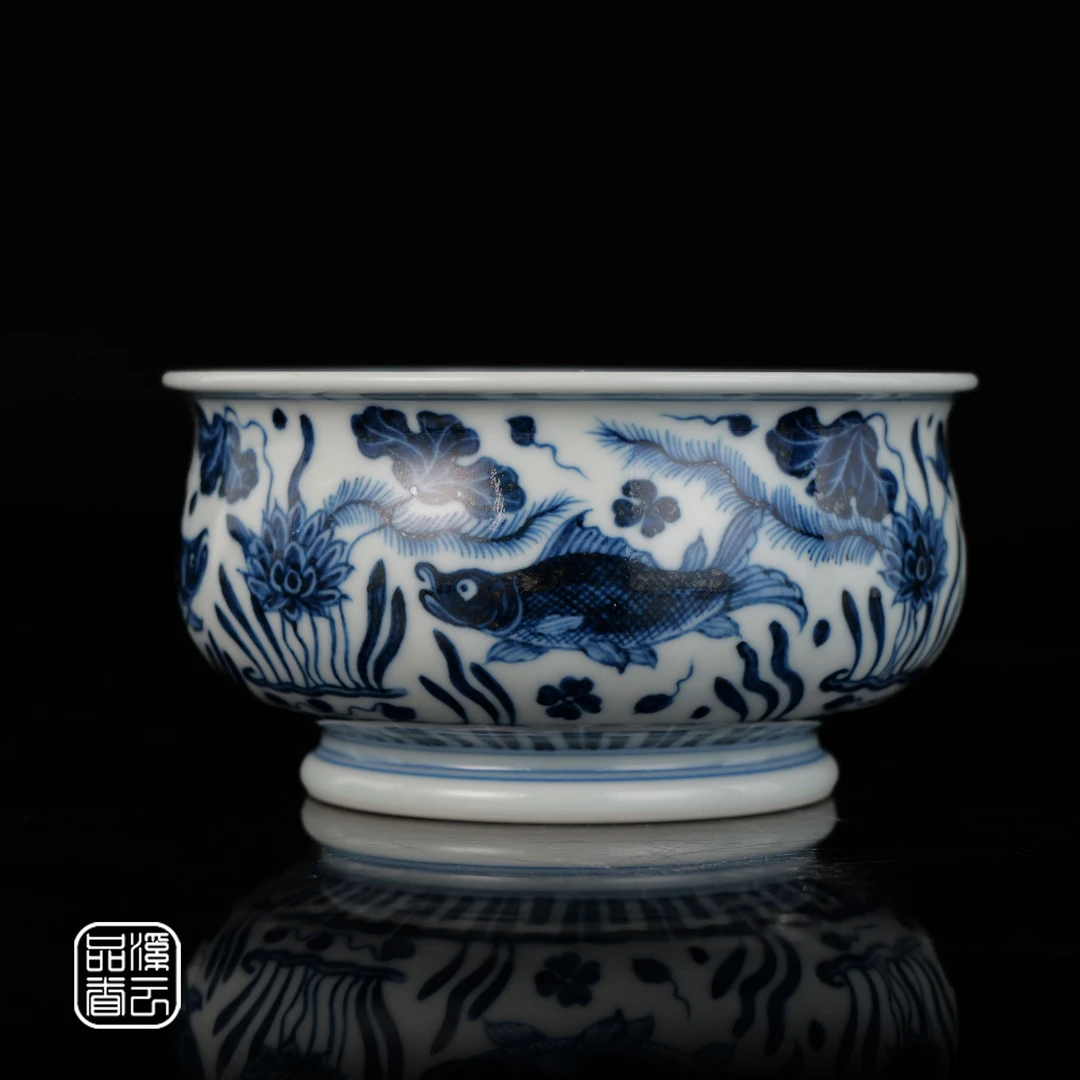 不晓堂 景德镇柴窑手工手绘青花鱼藻纹矮炉式杯主人杯品茗杯茶杯