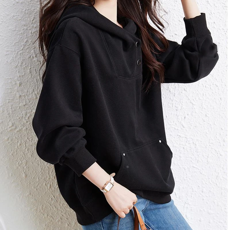 慵懒风连帽卫衣女秋冬季新款小个子胖妹妹宽松藏肉遮肚上衣设计感