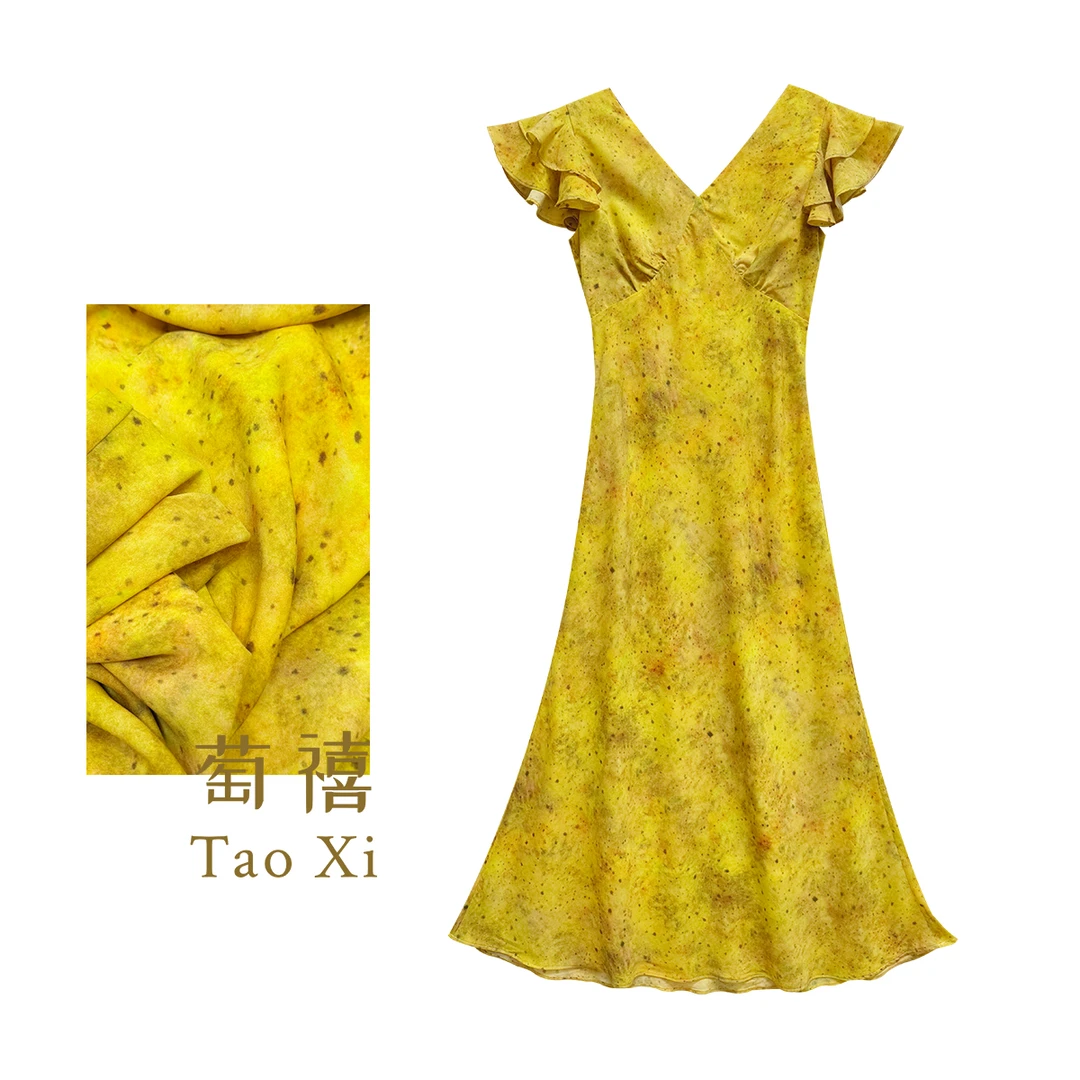 【葡萄】夏季新款桑蚕丝45°斜裁双绉飞飞袖修身连衣裙TX06QZ1090