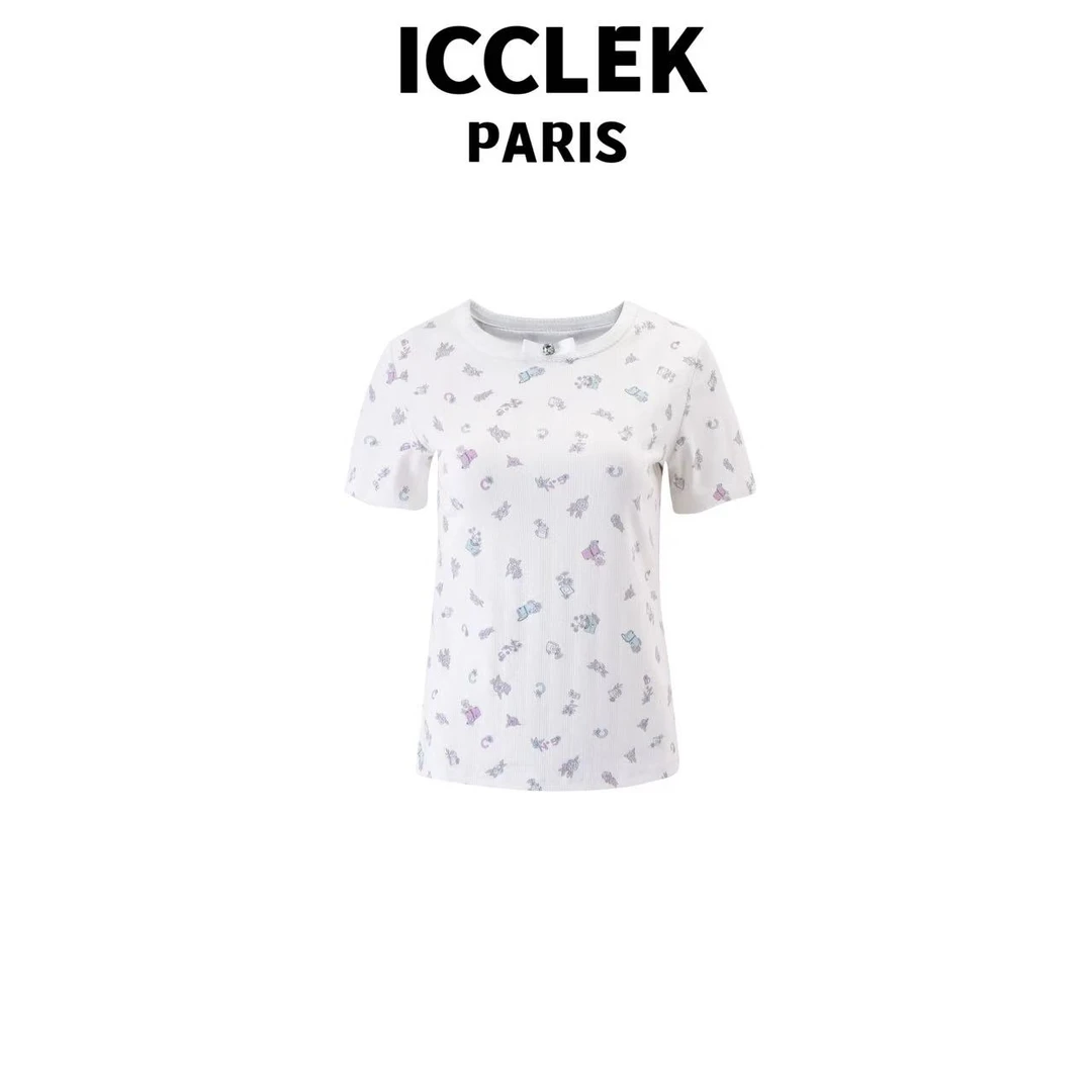 ICCLEK 夏季白色印花套头短袖打底百搭时尚减龄修身T恤上衣-5218