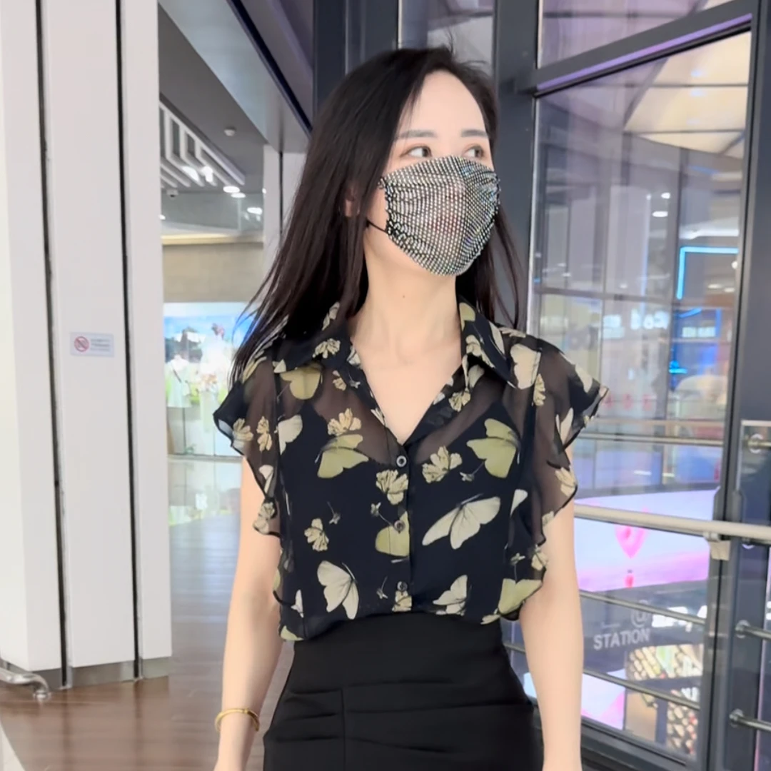 新款衫衬衫印花时尚碎花夏季木耳边衬衫上衣