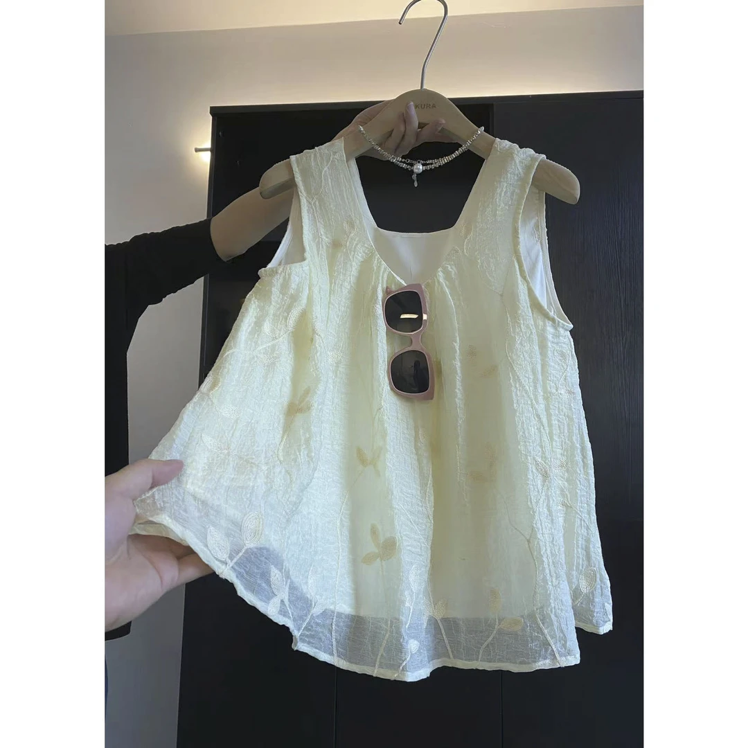 璎婲sᴀᴋᴜʀᴀ【柔纱絮语】岚法式甜美U领重工刺绣肌理感小众无袖衬衫