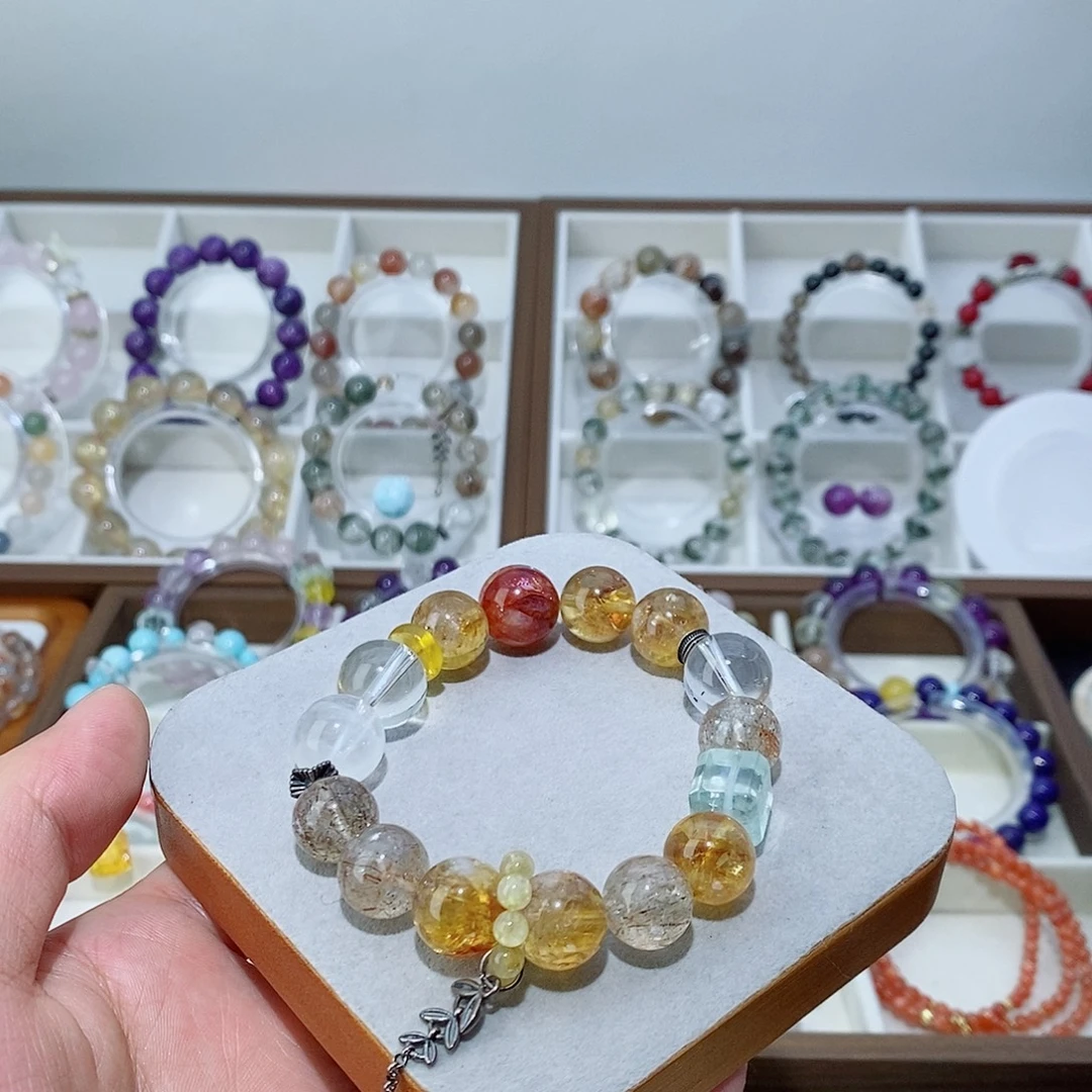水晶手链银S925镶嵌黑金超七黄塔晶手链