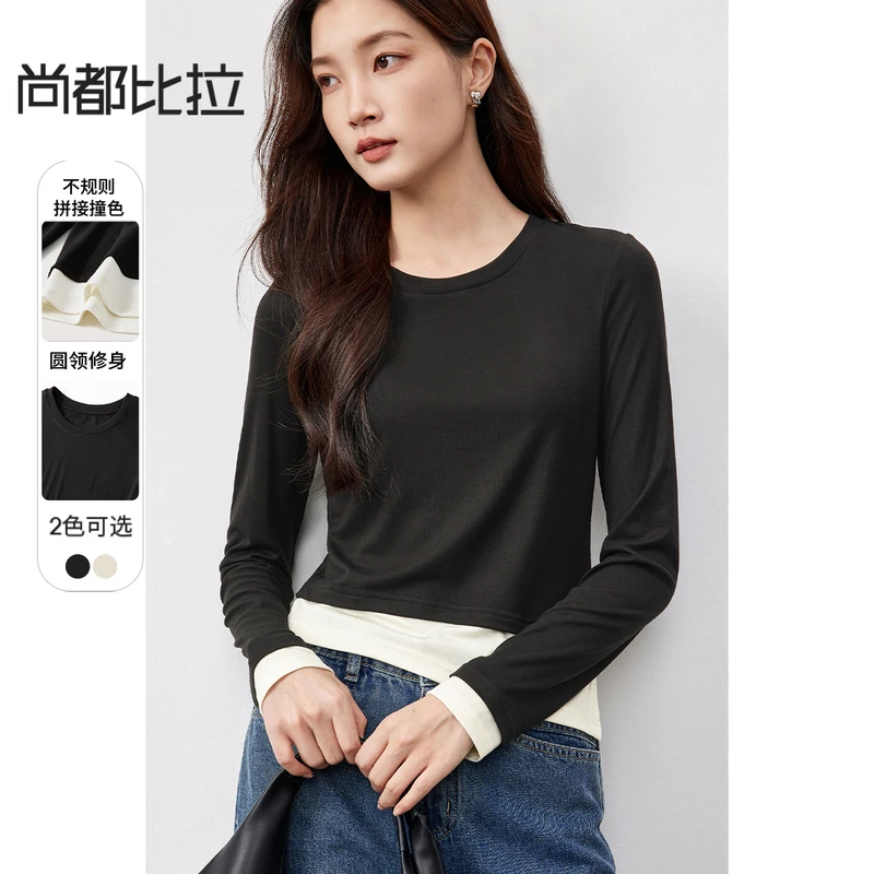 【拼接设计长袖T恤】时尚设计袖口下摆假两件圆领长袖T恤58000