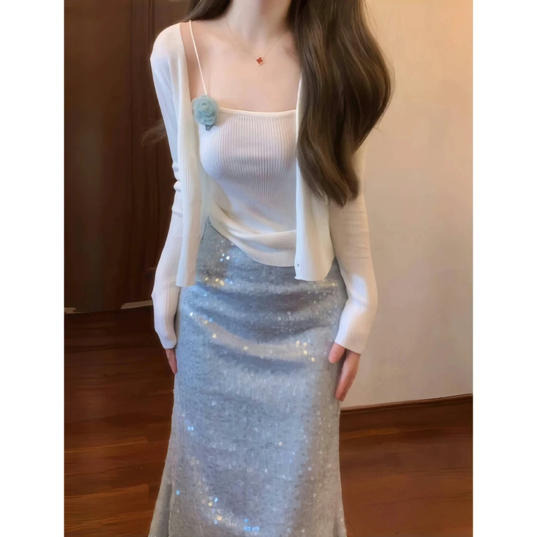 2025春季新款千金风针织内搭吊带开衫亮片鱼尾半身裙时尚三件套女