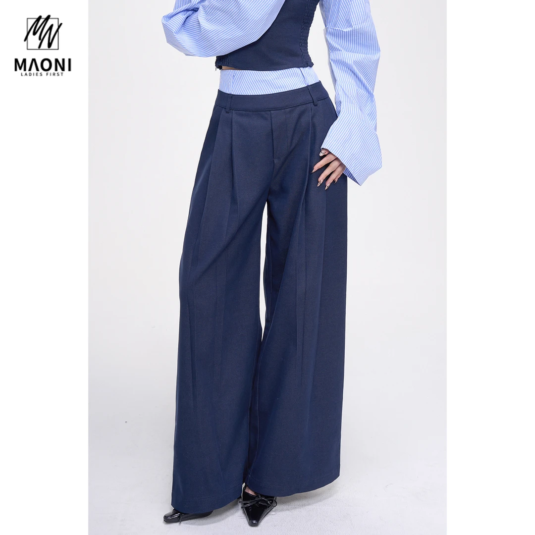 毛妮Peshe【撞色知性阔腿裤】高腰直筒气质宽松垂感通勤西裤L1370