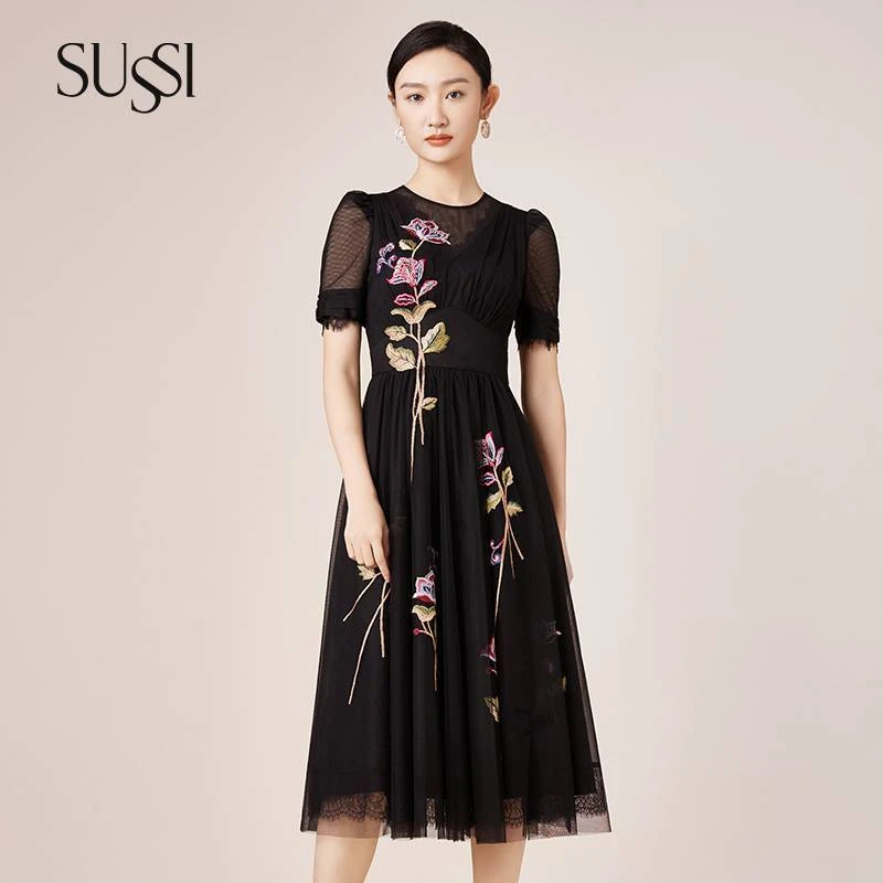 SUSSI/古色夏黑色网纱圆领短袖贴刺绣花连衣裙