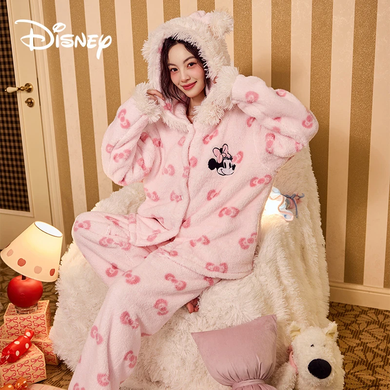 Disney/迪士尼冬季新款加绒蝴蝶结米妮珊瑚绒保暖睡衣家居服套装