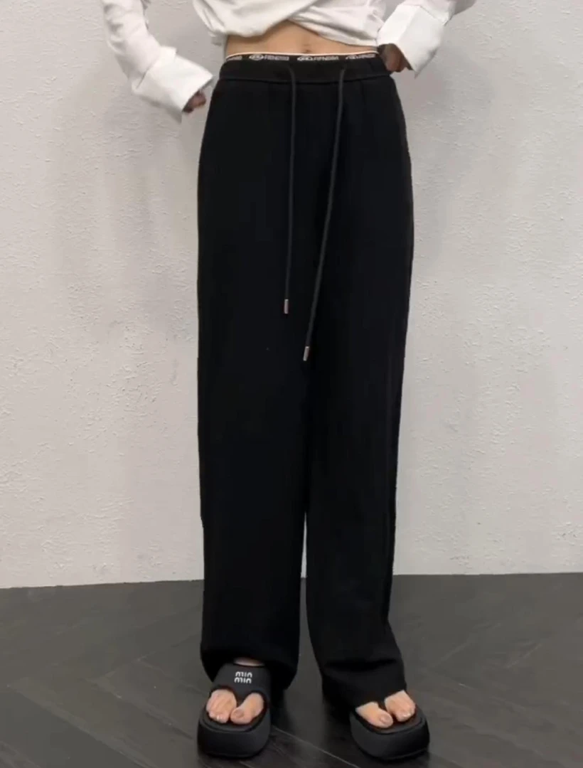 欧洲站2025春款新品时尚高腰休闲抽绳松紧腰字母显瘦长裤直筒裤女