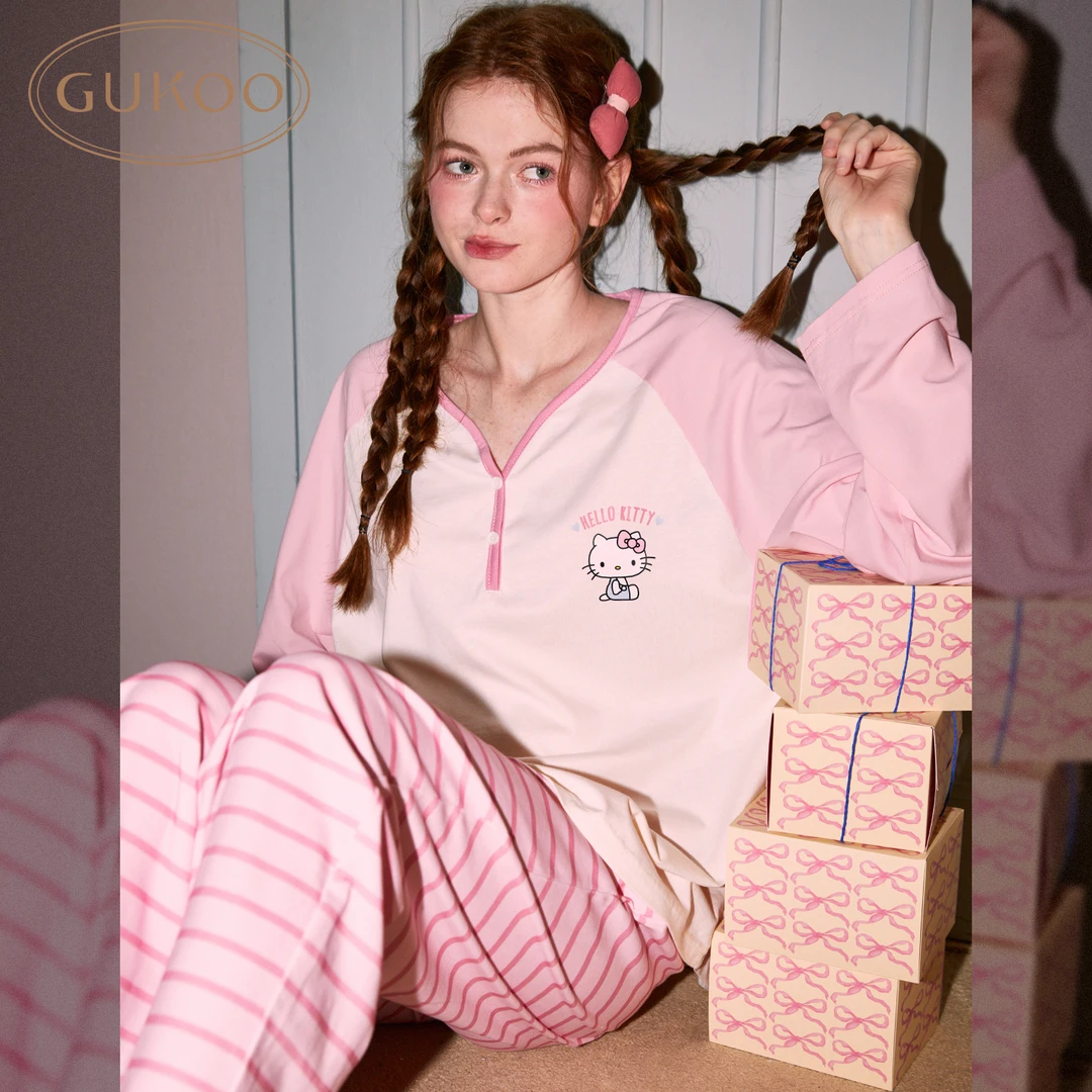 【琦儿专属】Gukoo果壳春季hellokitty联名纯棉长袖家居服套装